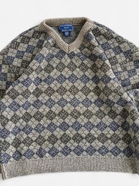 Vintage Argyle V-Neck Sweater Neutral Cotton Blend Cozy Classic Knit Tan L Men’s